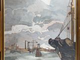 une image représentant une peinture d'une scène portuaire avec un bateau au premier plan