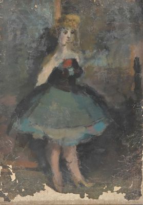 painting of a woman in a blue dress holding a red rose