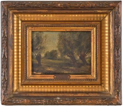 une peinture d'un paysage avec des arbres et une rivière au premier plan