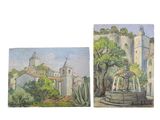 deux aquarelles représentant un château et une fontaine devant un bâtiment