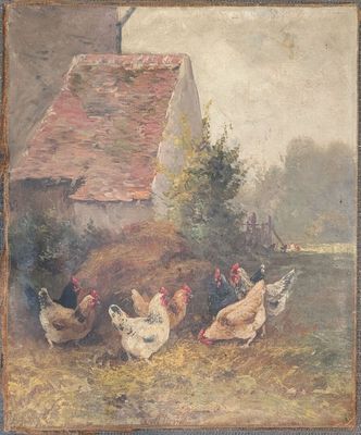 tableau représentant des poulets devant une grange au toit rouge