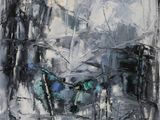 abstract painting of a motorcycle parked on a street in a city