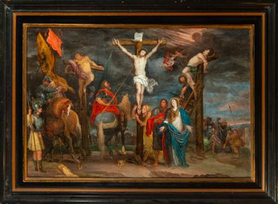tableau représentant une scène de crucifixion avec un homme sur la croix, sur un cheval