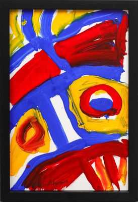 an abstract painting of a red, yellow, blue, and red fish