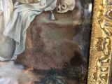 a picture of a painting of an old woman with a skull