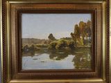 an oil painting of a river with trees in the background