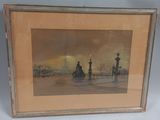 framed picture of a painting of a street scene with a couple sitting on a bench in the foreground