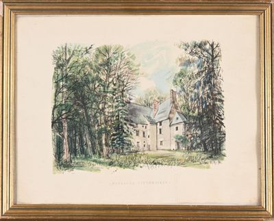 an image of a painting of a house in the woods