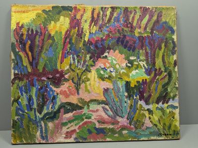 une peinture à l'huile représentant un tableau représentant un jardin avec des fleurs et des plantes