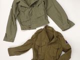 an image of a green jacket and a brown jacket on a white surface