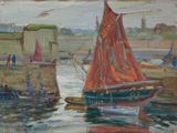 a painting of a red sailboat in the water