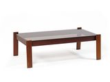 une photo d'une table basse avec un plateau en verre sur fond blanc