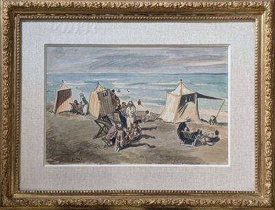 peinture d'un groupe de personnes assises sur une plage près d'un plan d'eau