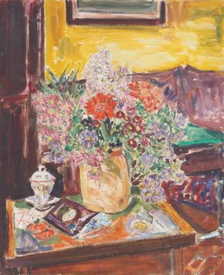 une peinture représentant un vase de fleurs sur une table
