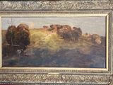 une photo d'un tableau représentant un troupeau de moutons dans un champ