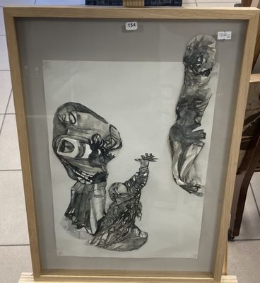 dessin encadré représentant un homme et une femme accompagnés d'un chien