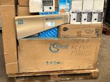 many boxes of electronic equipment on a pallet in a warehouse