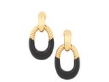 a pair of black and gold earrings on a white background
