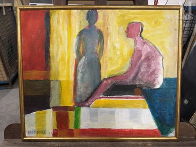 une peinture représentant un homme et une femme assis sur un banc