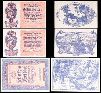 four different types of german bank notes on a black background