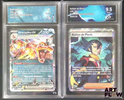 three different pokemon cards are displayed in a display case