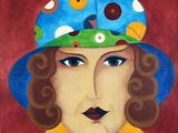 un tableau représentant une femme portant un chapeau bleu à pois