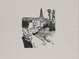 a black and white drawing of a church with a person sitting on a bench