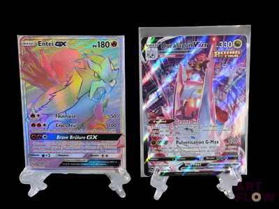 two pokemon cards sitting side by side on a black background
