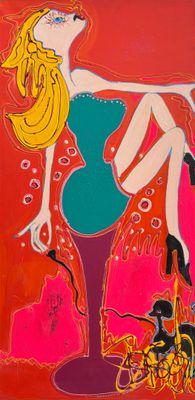 a painting of a woman in a blue dress sitting on top of a wine glass