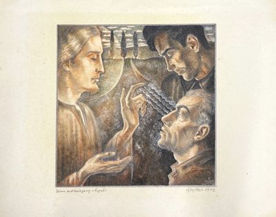 tableau représentant trois hommes contemplant une œuvre d'art encadrée