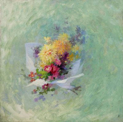 une peinture à l'huile représentant un bouquet de fleurs sur fond vert