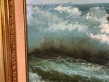a painting of a man on a surfboard riding a wave