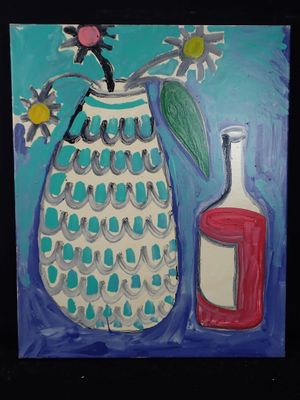 un tableau représentant un vase avec des fleurs et une bouteille de vin