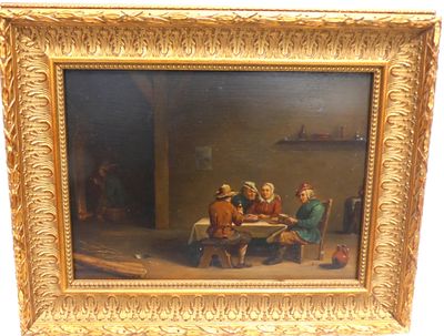 peinture d'un groupe de personnes assises autour d'une table dans une pièce