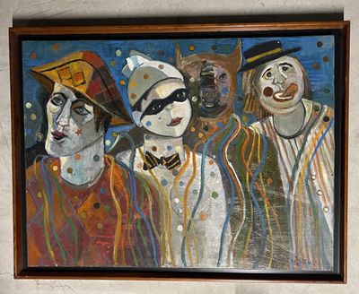 tableau représentant un groupe de clowns accrochés au mur d'une pièce