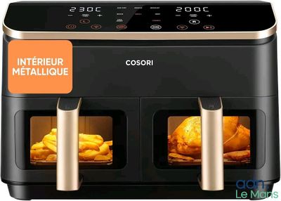 the air fryer has two trays of food inside of it