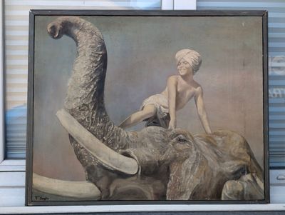 un tableau représentant une femme assise sur le dos d'un éléphant