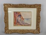 tableau représentant une femme nue assise sur une plage, dans un cadre doré