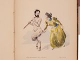an open book with a drawing of a woman and a man in a yellow dress