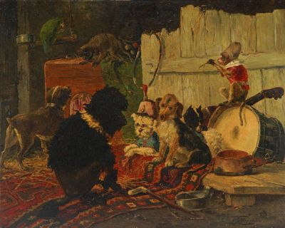 painting of a group of dogs playing instruments in a barn