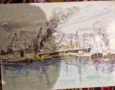 une photo d'un tableau représentant un port avec des bateaux