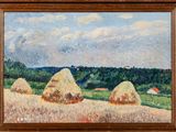 une peinture à l'huile représentant des balles de foin dans un champ, avec un ciel bleu en arrière-plan