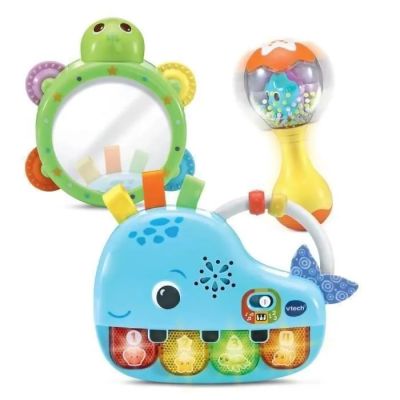 a baby toy that is sitting next to a mirror