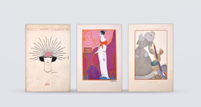 three art nouveau paintings of a woman in a white dress and a man in a red hat