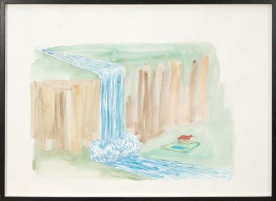 tableau représentant une cascade avec un bateau rouge dans l'eau