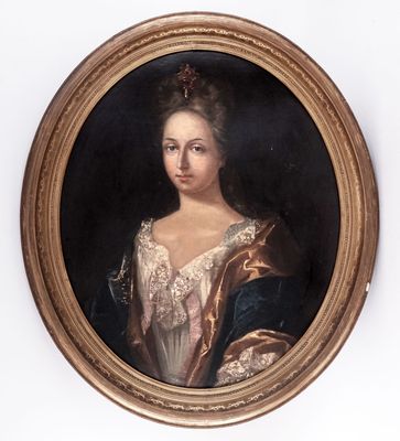 portrait of a woman in a white dress with a gold frame