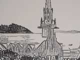 drawing of a crowd of people standing in front of a church with a steeple
