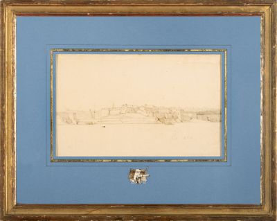 un dessin représentant une vue de ville avec une vache au premier plan