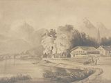 drawing of a farm scene with a horse drawn carriage in the foreground and mountains in the background