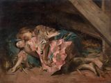 an image of a painting of a baby sleeping in a manger